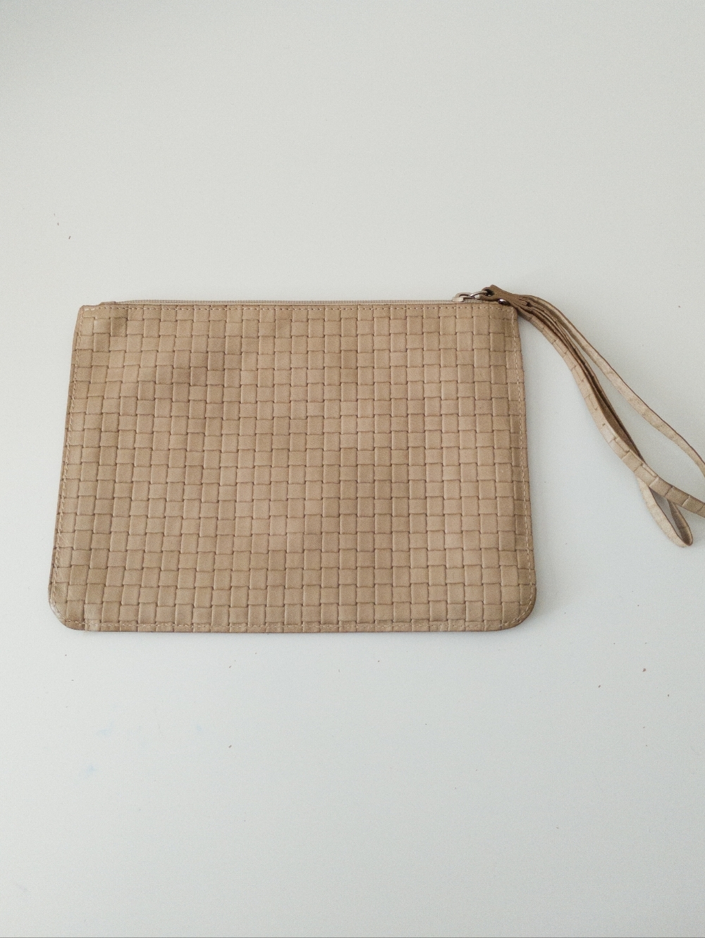 Valentina Italy Woven Leather Wristlet Pouch Clutch Tan Beige Boho